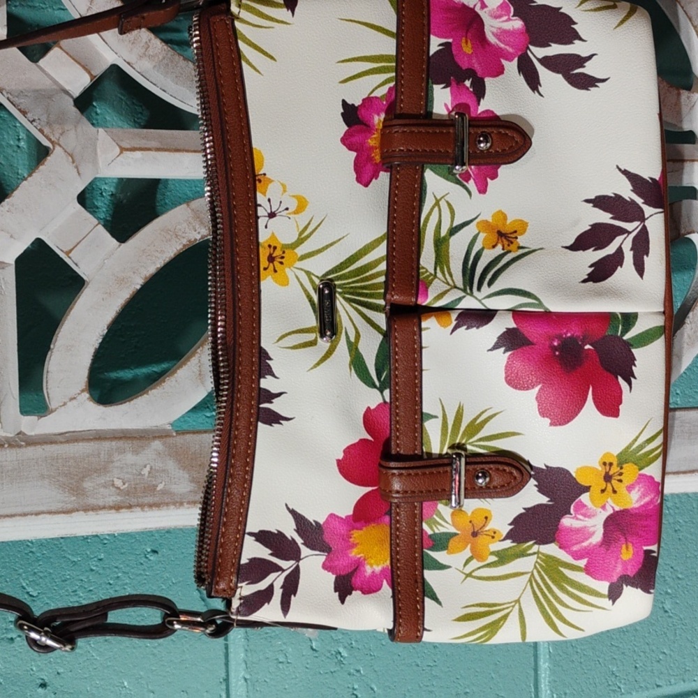 Chaps Floral Shoulder Bag with Brown Trim